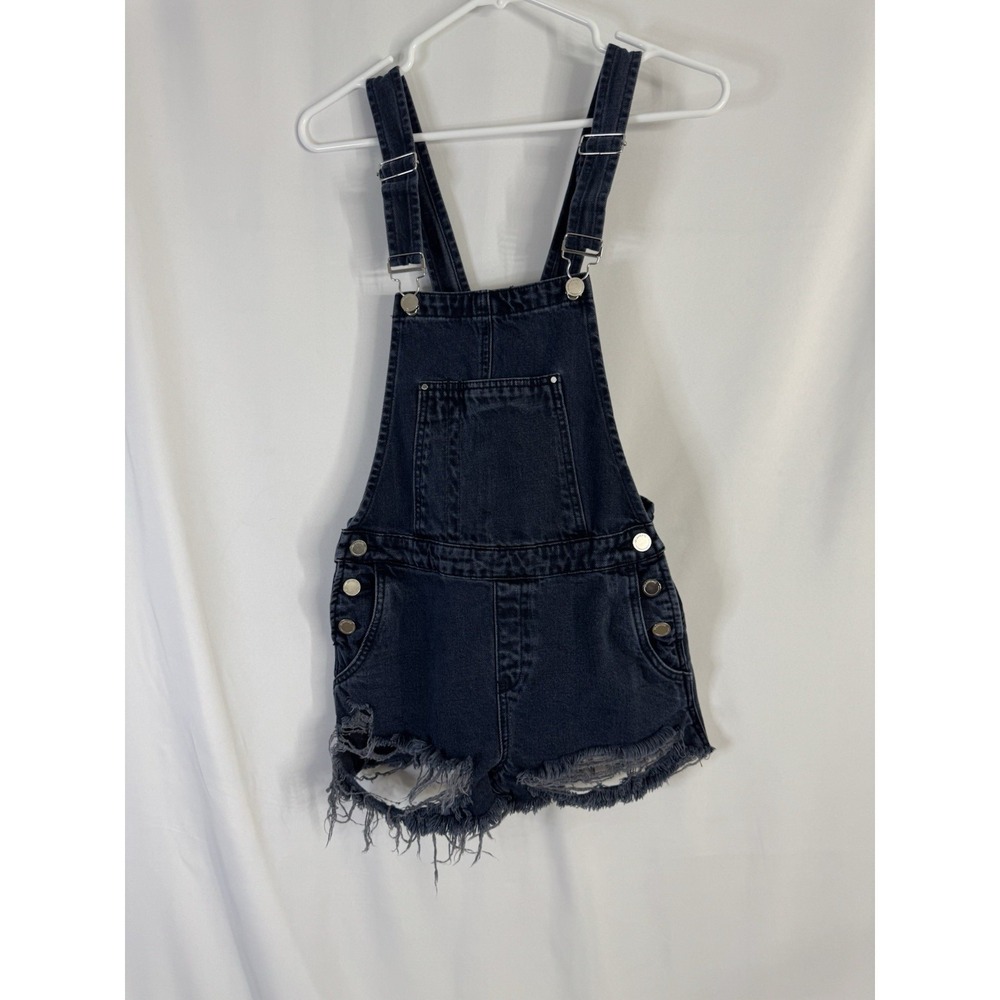 Blank NYC Denim Overall Shorts Women's Size 24 Dark Wash‎ Distressed Frayed Hem - Picture 2 of 8